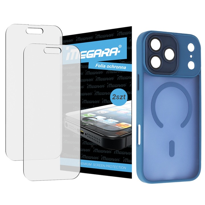 Set 3-in-1 folie protectoare și husă MagSafe Megara pentru iPhone 17 Pro Max, albastru, TPU