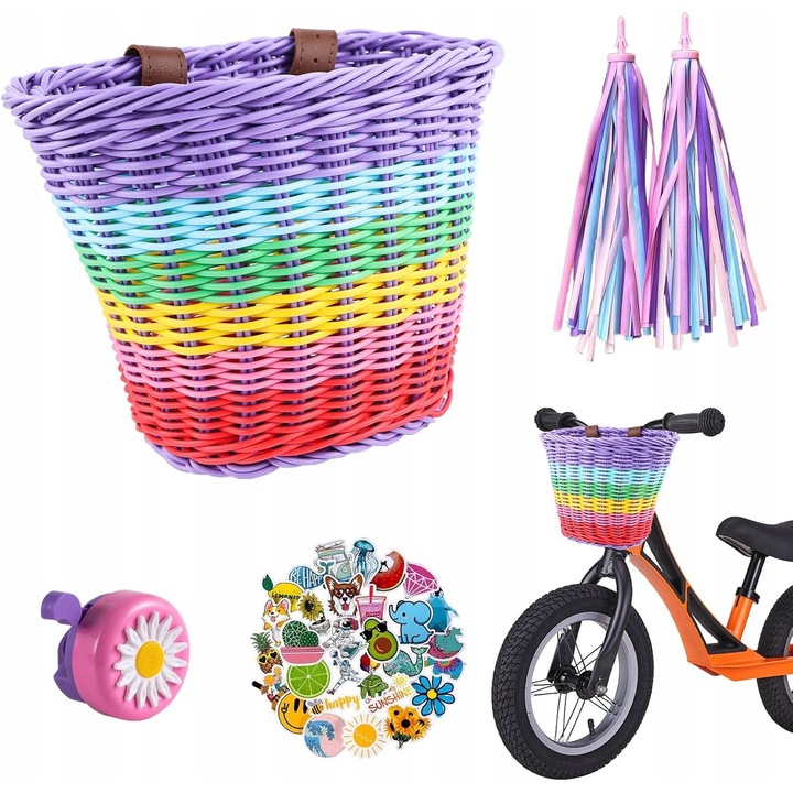 Cos bicicletă copii, ratan, set cu clopotel și 30 autocolante, pentru ghidon 12-20 inch