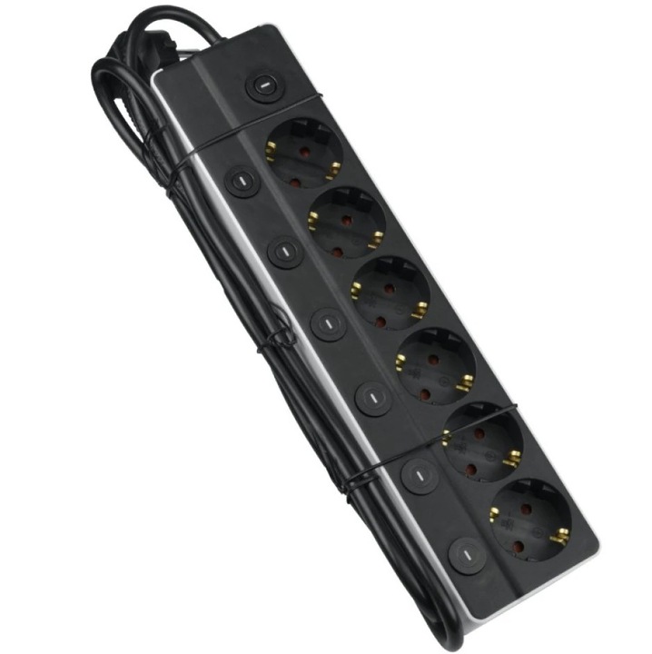 Prelungitor, Retro Electrica®, DPM SOLID POLSKA, 6 Prize Schuko, 7 Intrerupatoare, 320x75x37mm, Protectie Supratensiune, Putere Max 3680W, Prelungitor Cu Intrerupatoare Individuale Pentru Birou Casa PC Electrocasnice, Cablu 1.4m 3x1.5mm², Alb/Negru
