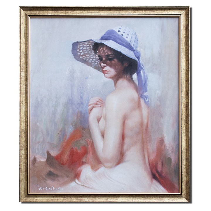 Tablou seminud pictat manual inramat, In razele soarelui, 65x55cm ulei pe panza, delicat, Mircea Iordache