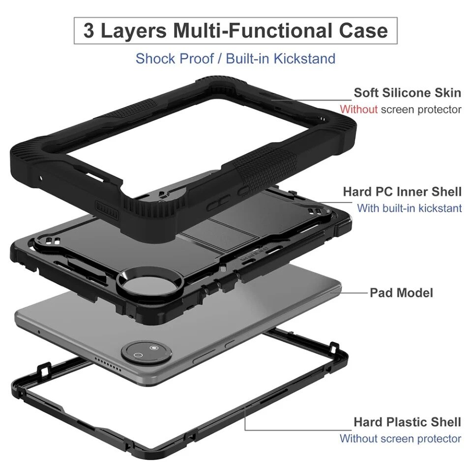 Husa tableta Xiaomi Pad 7, SKYDDAR INNOVATION, Antisoc si Anti-zgarieturi, Rugged TabShell, Negru, set cu sticker