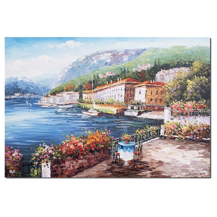 Tablou peisaj lacul Como pictat manual, Priveliste de pe terasa, 100x70cm ulei pe panza in cutit efect 3D, Valentin Pop