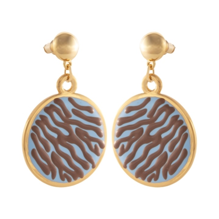 Cercei dama, Colibra, albastru cu dungi maro, 4,5cm lungime, 2,8cm diametru