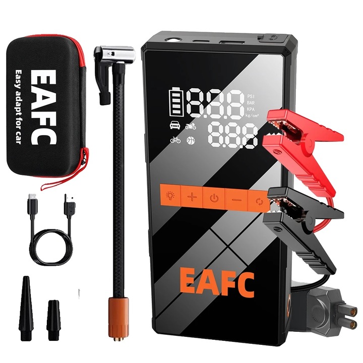 Redresor auto portabil cu compresor de aer integrat, 1200A, negru cu cutie, alimentat de baterie