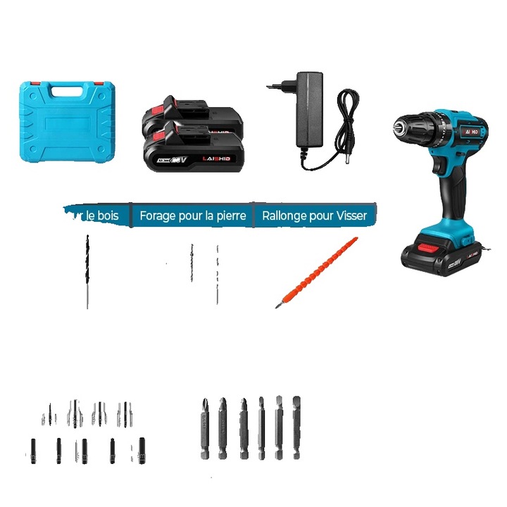 Акумулаторна бормашина и винтоверт, 2 скорости, комплект 24 части, 2 батерии, 1350 об/мин, 32 степени на въртящ момент, многоцветен