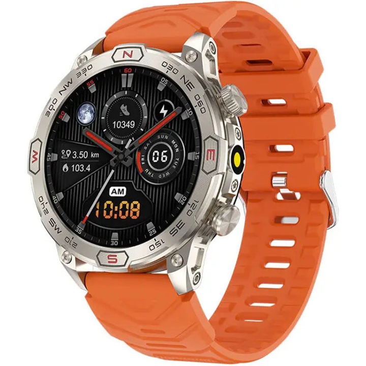 Ceas inteligent AdventurePulse, 1.43 inch, portocalie, curea silicon, barbati