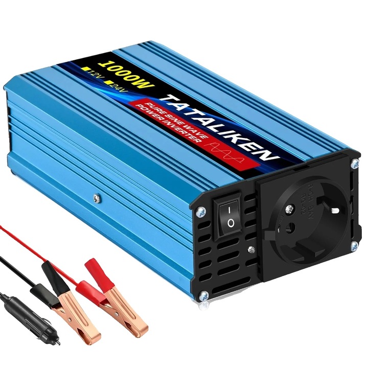 Inverter auto 12V 1000W, portabil, compatibil priza europeana, dimensiuni compacte