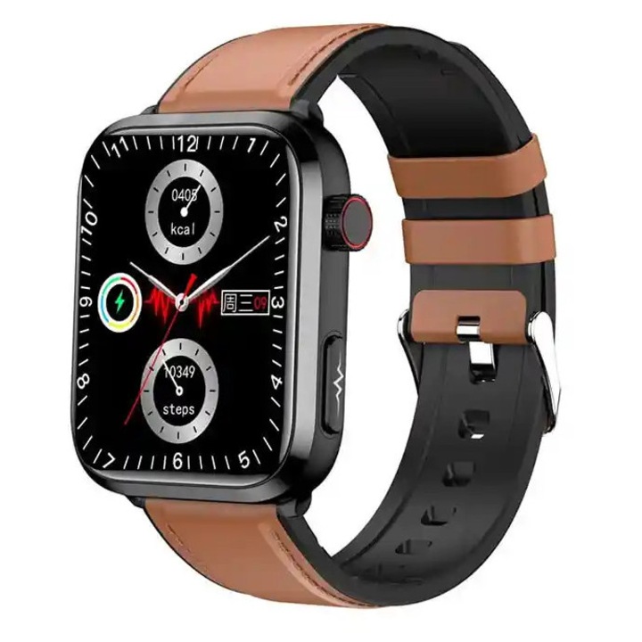 Ceas inteligent LuxVital Classic Premium, curea din piele maro, 1.91 inch, rezistent la apa IP67