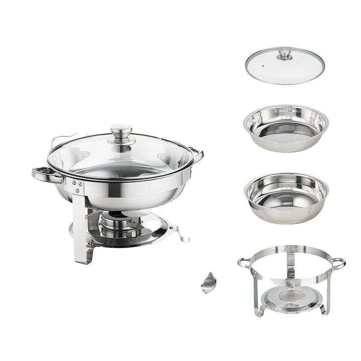 Комплект тигани от неръждаема стомана, 2 броя, вместимост 4 Qt, със стъклен капак, кръгли