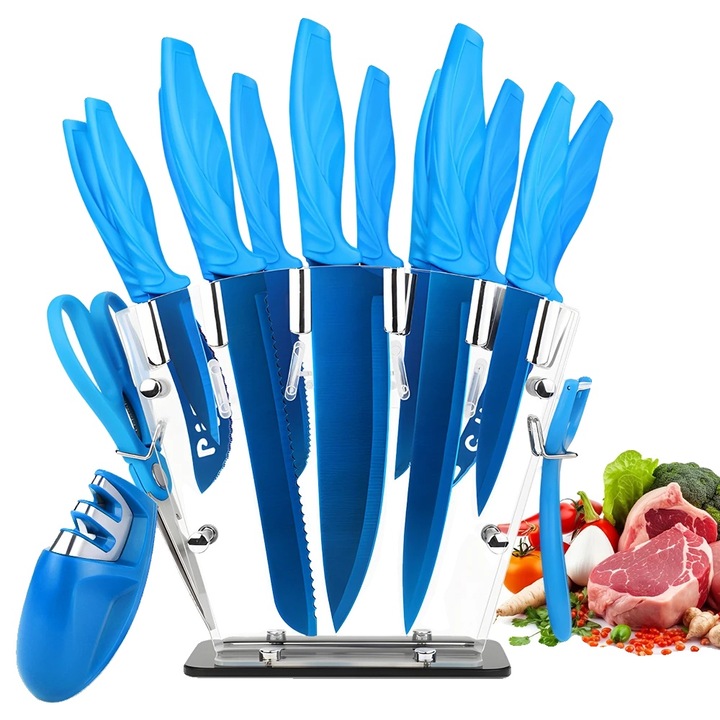 Set de cutite de bucatarie, design compact, albastru, 5 piese, din otel inoxidabil