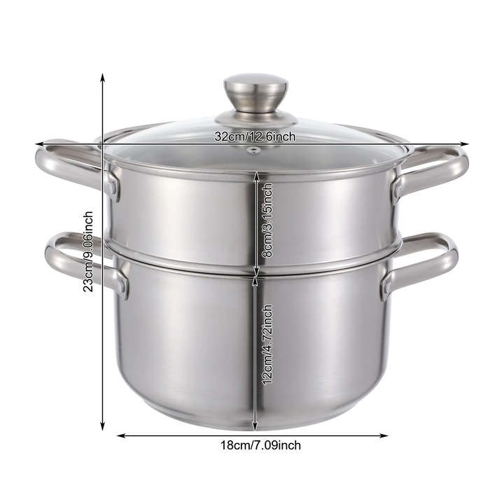 Oala cu aburi, capacitate mare, doua straturi, gri deschis, 18cm