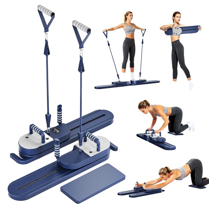 Placa de exercitii abdominale, design divizat, capacitate multi-antrenament, albastra, include benzi de rezistenta si manere pentru flotari