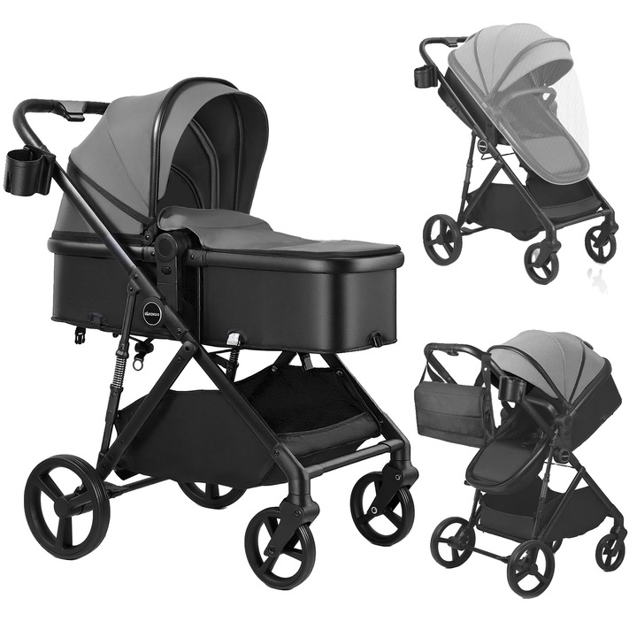 Детска количка, реверсивна седалка, регулируема облегалка, тъмно сив, компактни размери