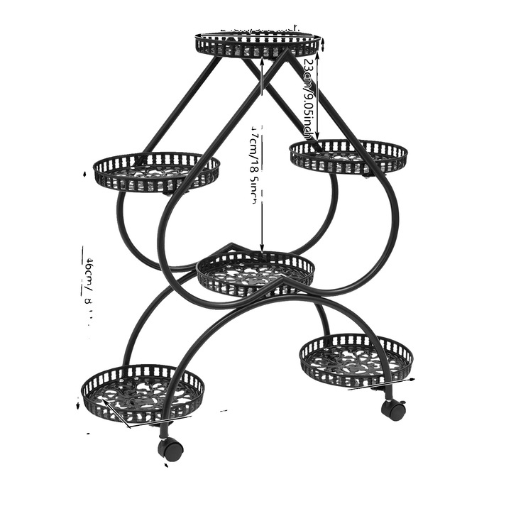 Suport pentru plante, design pe mai multe niveluri, constructie din fier, negru, 6 suporturi