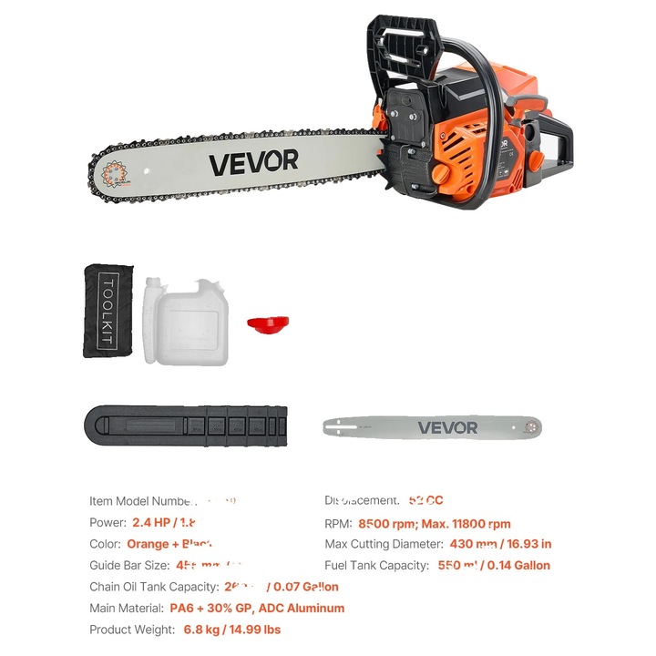 Fierastraie cu lant, 1.02 HP, 12 in ghidaj, 18inch 52cc, 9.84 in diametru maxim de taiere