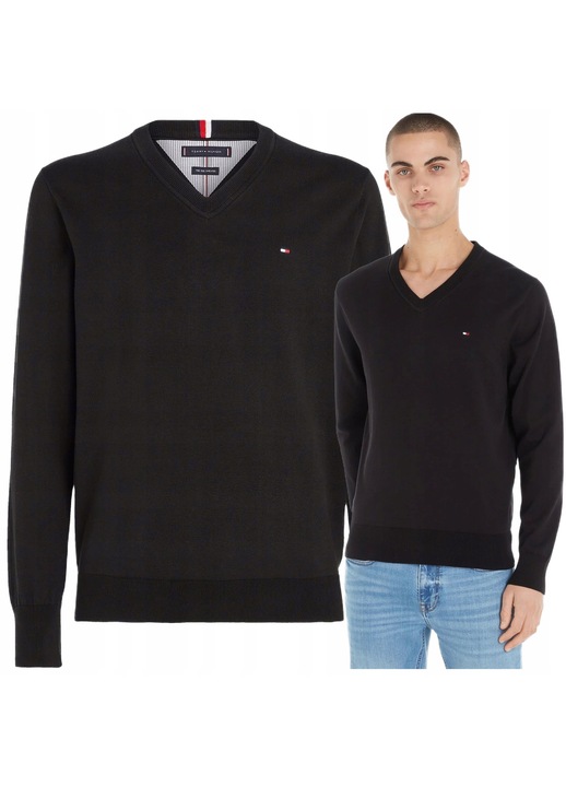 Férfi pulóver, Tommy Hilfiger, V-nyakú, fekete, pamut, S INTL