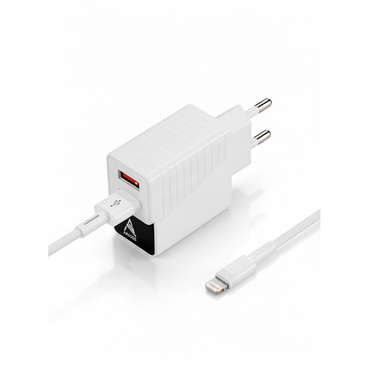 Încărcător rețea 20W Arkode, 2 porturi USB-A 5.1A, cablu inclus, alb