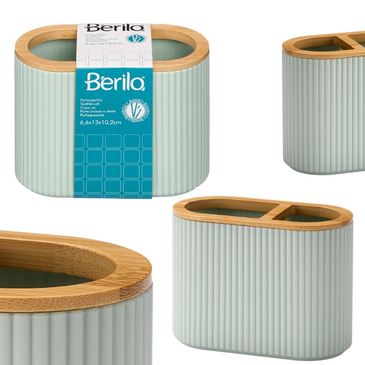 Recipient Pentru Periute De Dinti, Berilo, Design Striat Cu Doua Compartimente Si Capac Din Bambus, Organizare Practica Pentru Periute Pasta Si Accesorii, Forma Alungita Cu Baza Stabila, Usor De Curatat, Potrivit Pentru Baie Moderna Sau Scandinava, Menta