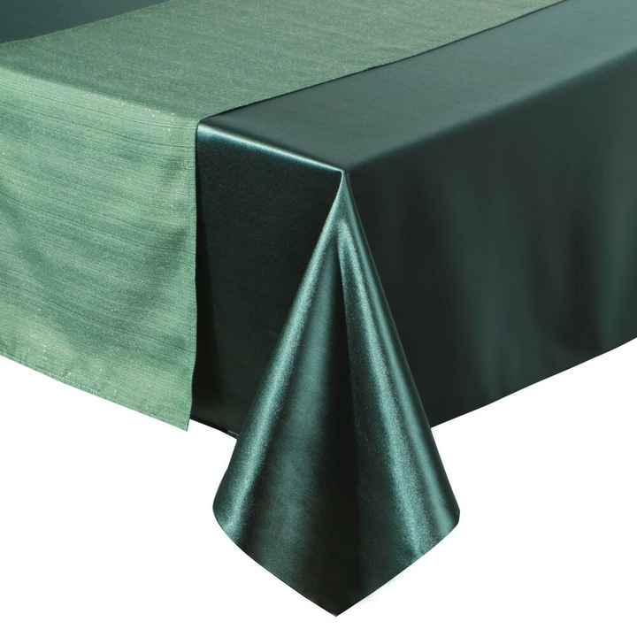 Asztalterítő szett futóval, Eurofirany, GLAMO, elegáns design fényes felület, ideális klasszikus és modern dekorációhoz, elegáns hangulatot teremt az asztalnál, ellenálló és könnyen karbantartható anyag, téglalap alakú, 140 x 220 cm és 33 x 220 cm, zöld