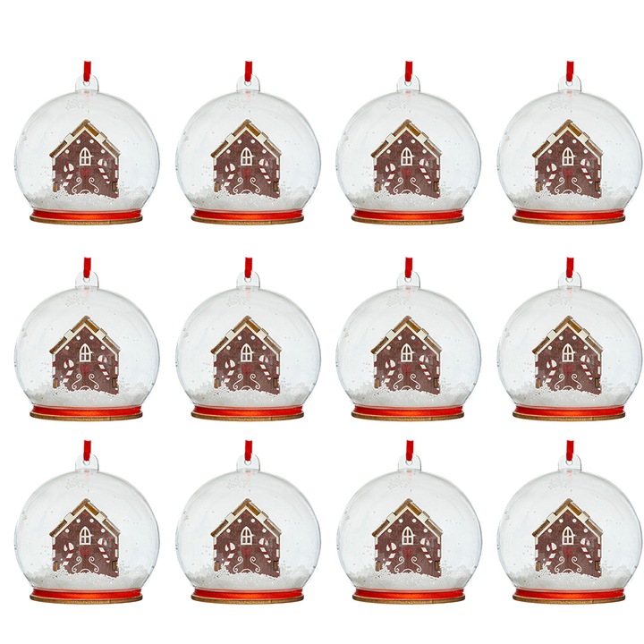 Globuri De Craciun, Set 12x, Atmosphera, Design Clasic In Forma De Casuta, Creeaza Atmosfera Calda Si Festiva, Decoratiuni Rezistente Pentru Brad De Interior, Potrivite Pentru Decor Traditional Si Modern, Ideale Pentru Sarbatori, 8 x 8 cm, Multicolor
