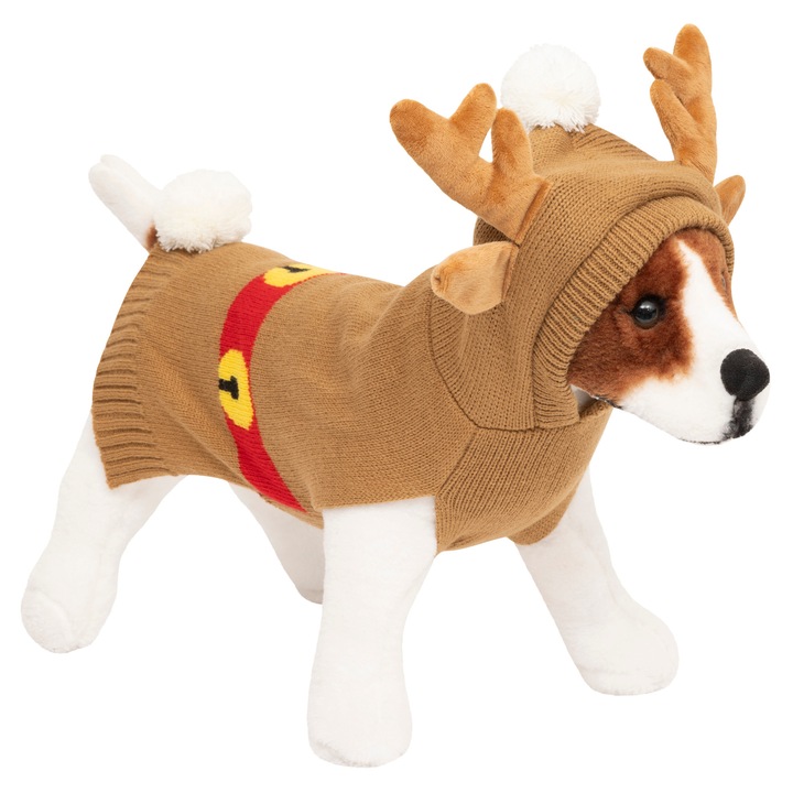 Karácsonyi Pulóver Kutyáknak, Atmosphera, Rénszarvas Mintás, Kényelmes és Meleg Hideg Napokra, Ideális Sétákhoz és Beltéri Használatra, Puha és Kellemes Anyag, Könnyen Feladható, S Méret, Barna