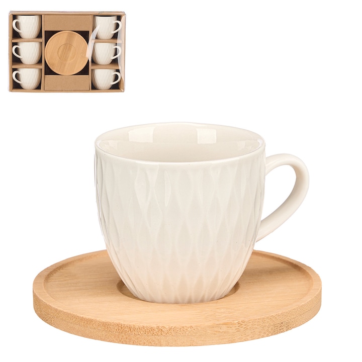Set 6x Cesti Pentru Cafea, Vessia, Portelan Alb Cu Model Elegant Si Suport Din Bambus Natural, Ideal Pentru Espresso Si Bauturi Calde, Aspect Modern Si Elegant Pentru Masa Birou Sau Cafenea, Usor De Intretinut Si Practic Zilnic, 90 ml, Alb/Natural