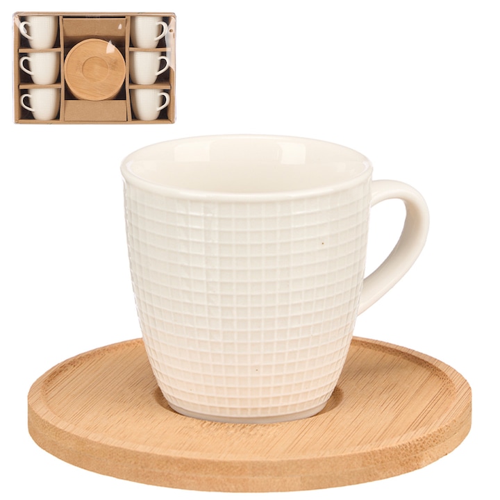 Set 6x Cesti Pentru Cafea, Vessia, Portelan Alb Cu Model Patrat Elegant Si Suport Din Bambus Natural, Design Modern Si Minimalist, Ideal Pentru Espresso Cappuccino Si Ceai, Usor De Utilizat Zilnic, 90 ml, Alb