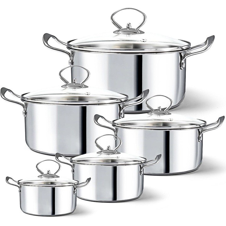 5 részes edénykészlet fedővel (10 darab) YOUKUKE®, indukciós, 14cm/0.9L, 16cm/1.4L, 18cm/2L, 20cm/2.8L