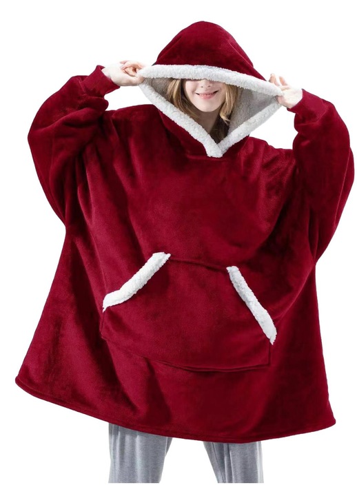 Patura cu gluga, rosie, lana de miel, extra-large