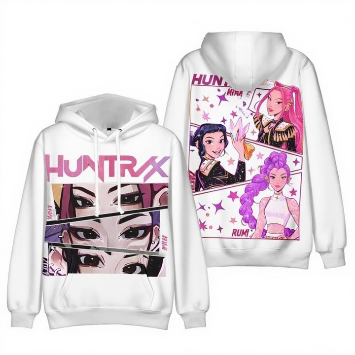 Hanorac KPop Devil Hunter, imprimare 3D, alb, marime copii 150 cm