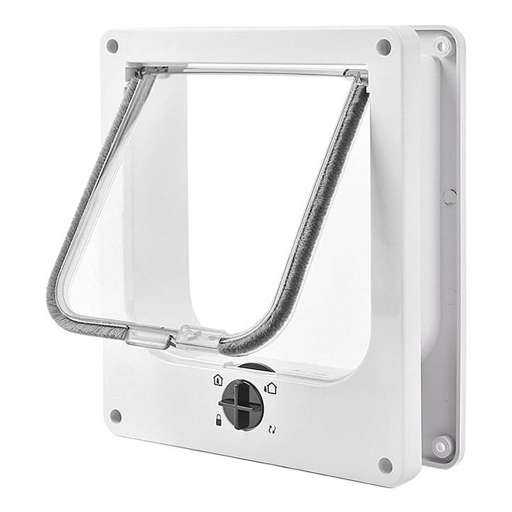 Usa batanta pentru animale de companie, Omelivon, 4 moduri de intrare/iesire, 29.5x25.5x5 cm, XL, Pentru pisici si caini de talie mica, ABS, Alb