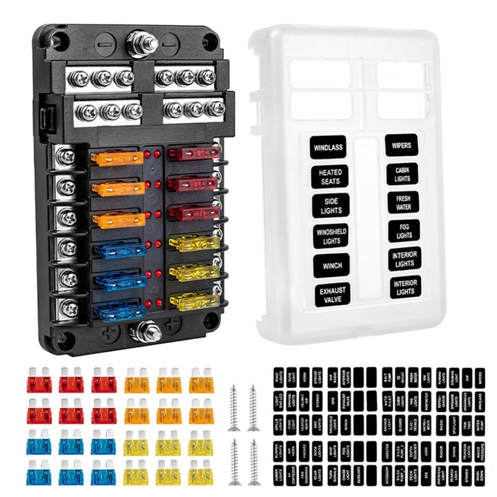 Bloc sigurante 12 cai Duueyct, LED rosu, 12V, 100A, set 24 sigurante, protectie 32V DC