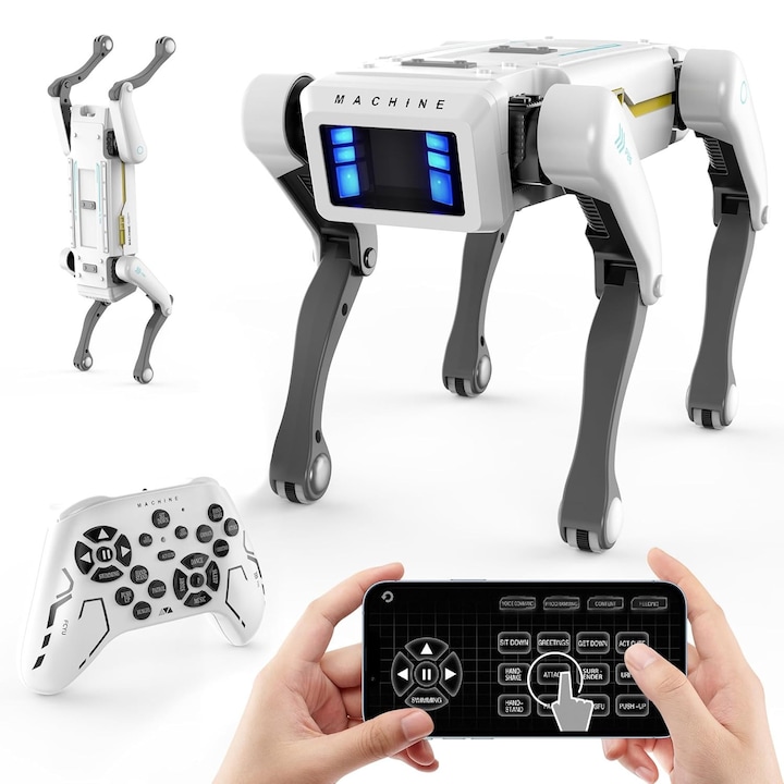 Caine robot inteligent, cu peste 30 de actiuni, mod de programare vocala/aplicatie/telecomanda in limba engleza, interactiv, programabil, cultiva creatia, 31 * 18 * 19, 5 cm