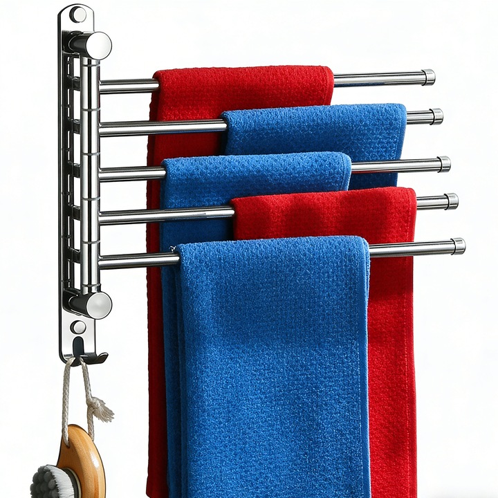 Suport Pentru Prosoape Pivotant Baie, BYONDSELF®, 5 Bare, Reglabil 180 grade, Otel Inoxidabil 304, 35x28.5cm, Argintiu