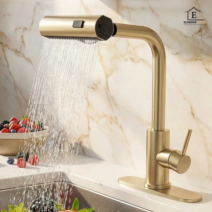 Кухненски Смесител Elindor® Златен, Модерен Воден Кран с Гъвкав Чучур, Изтегляща се Душ Глава с Четири Функции, Едноръкохватков, Въртящ се на 360°, за Кухня, Неръждаема Стомана 304, Гланцов Финиш
