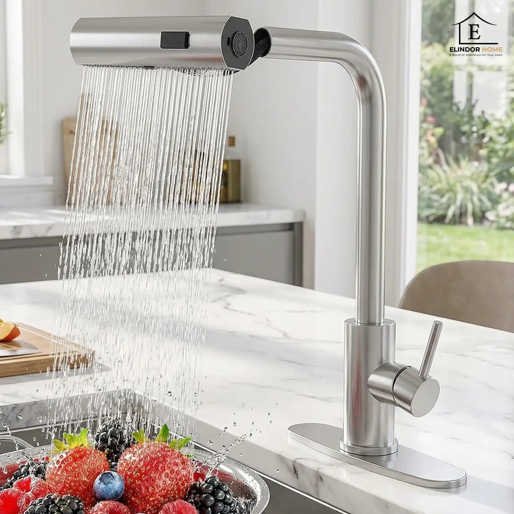 Смесител за Кухненска Мивка Сребрист Elindor® Кран за Вода, Модерен с Гъвкав Чучур, Изтеглящ се Душ с Четири Функции, Едноръкохватков, Въртящ се на 360°, за Кухня, Неръждаема Стомана