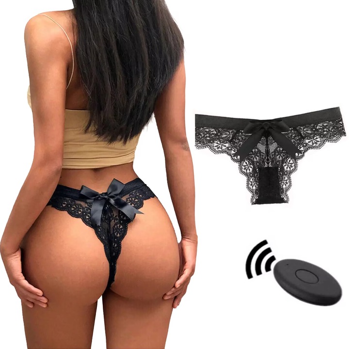 Вибриращи бикини, елегантна дантела, черно злато, талия 72-82 см, ханш 86-90 см, комплект с вграден вибратор