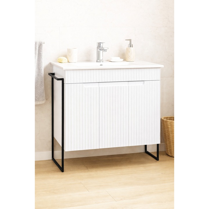 Set mobilier de baie MDF si lavoar Badenmob, seria 033, Cadru metalic, 80x46x89cm, Alb Rustic