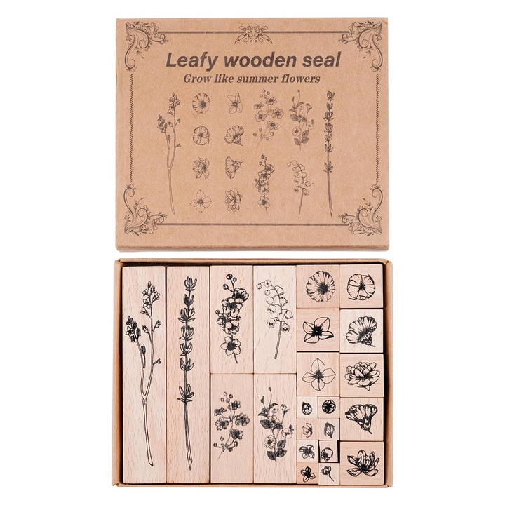 Set de timbre din lemn, 22 piese, Stil vintage, Modelul plantei, Mai multe dimensiuni, Durabil, Lemn/Cauciuc, Maro