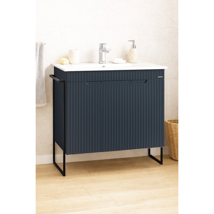 Set mobilier de baie MDF si lavoar Badenmob, seria 033, Cadru metalic, 80x46x89cm, Antracit