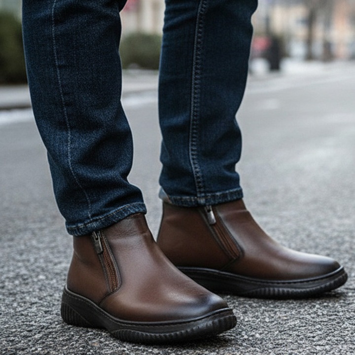 Ghete foarte usoare din piele naturala cu doua fermoare, Maro milenium