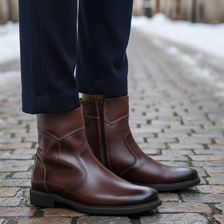 Magas szárú férfi csizma természetes bőrből, cipzárral, barna, 42