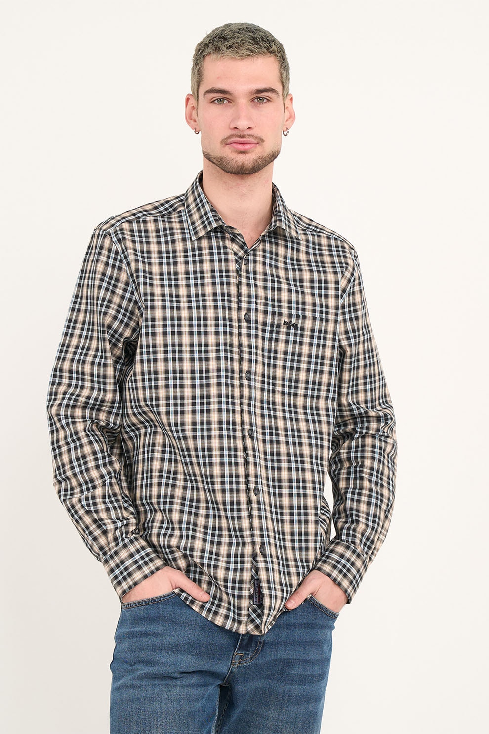 Lee Cooper, Camasa de bumbac in carouri cu logo discret, brodat, Maro, Albastru, XL