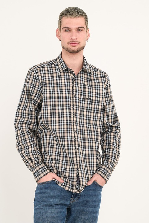 Lee Cooper, Camasa de bumbac in carouri cu logo discret, brodat, Maro/Albastru