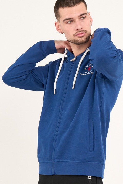 Lee Cooper, Hanorac din bumbac cu fermoar si logo, Albastru pastel