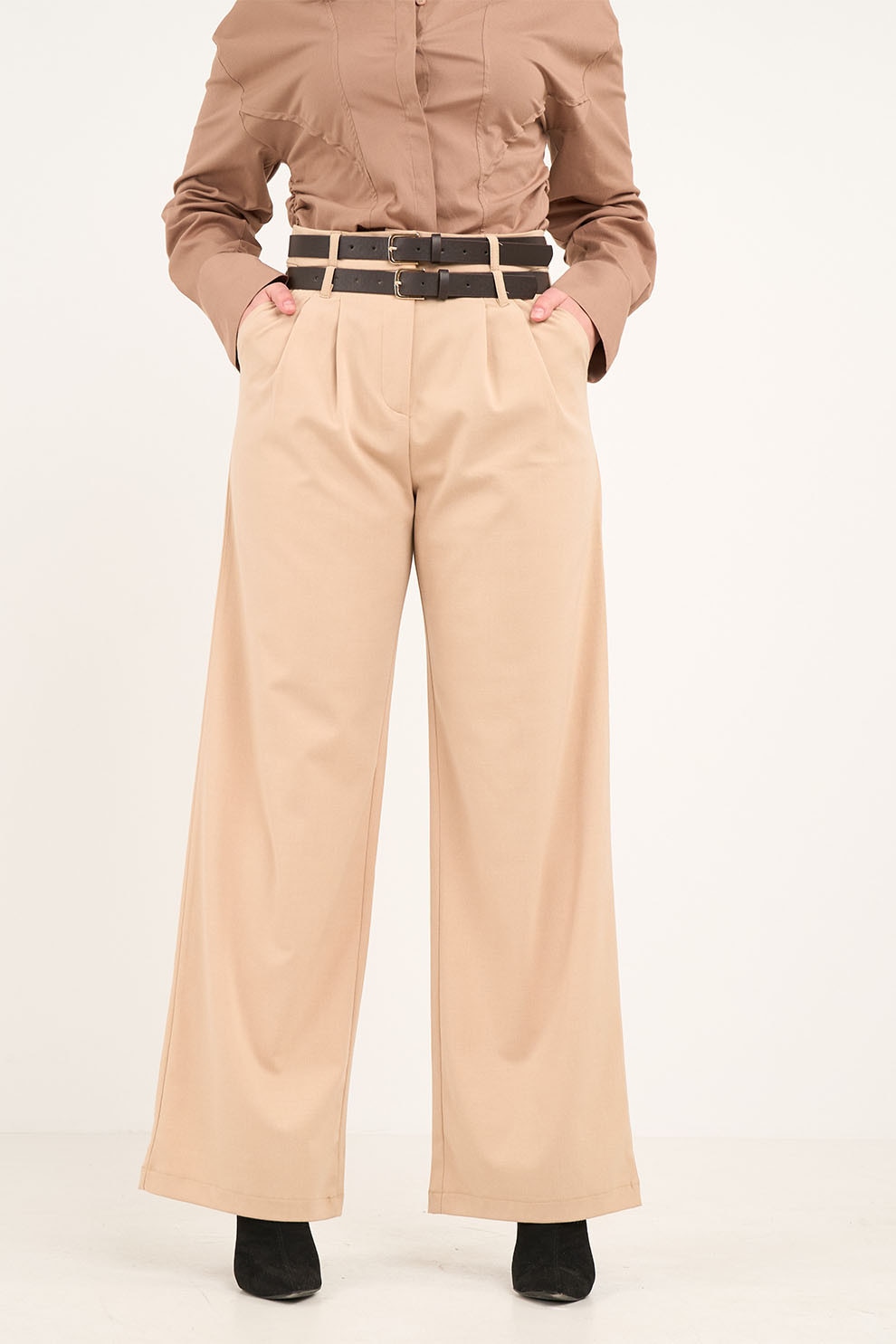 TIMEOUT, Pantaloni ampli cu talie inalta, Camel, 38