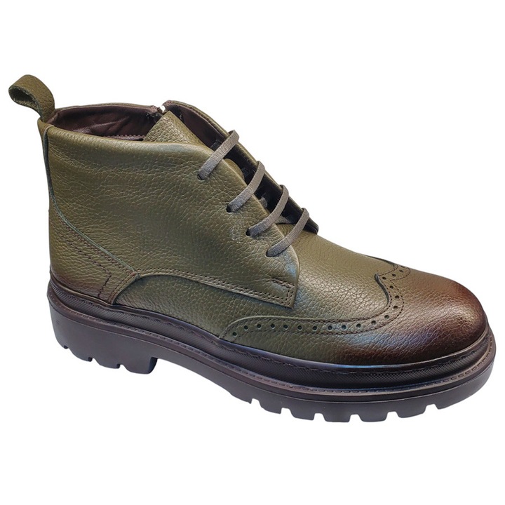 Ghete barbati Dogati din piele naturala cu siret, Verde masliniu