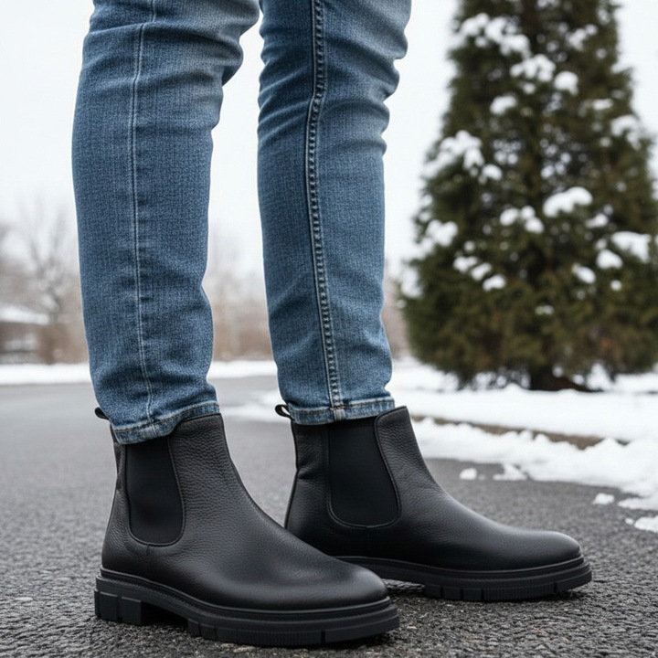 Cizme Dogati barbatesti cu elastic si fermoar din piele naturala, Negru