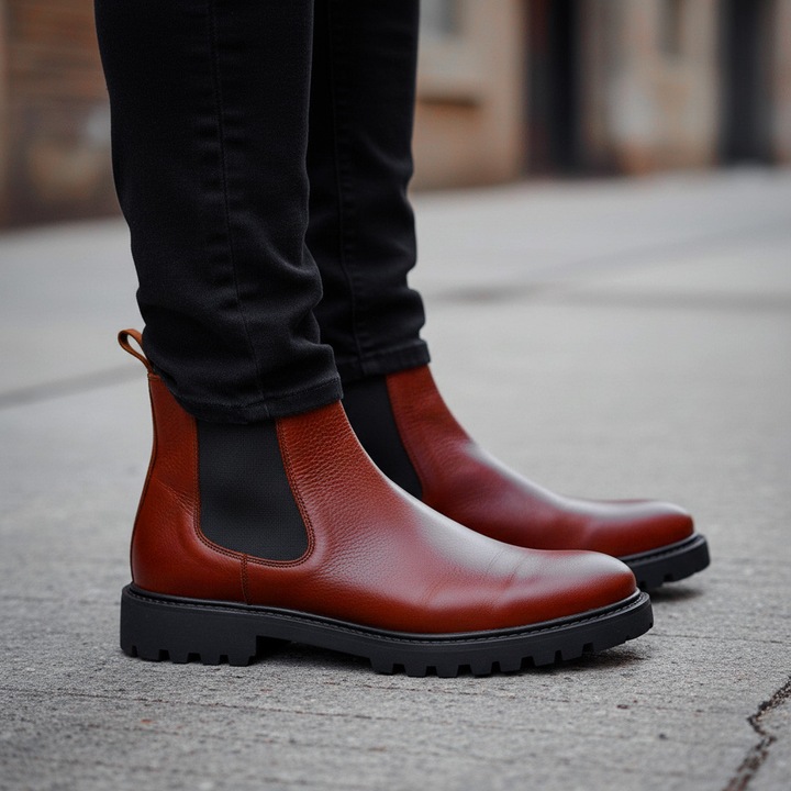 Cizme Dogati barbatesti cu elastic si fermoar din piele naturala, Visiniu