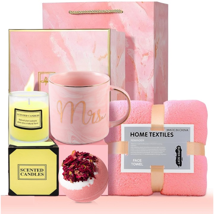 Спа подаръчен комплект за жени, Wacorresi, одеяло от фланела, топки за баня, свещи, керамична чаша